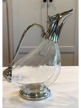 Vintage Glass Pitcher Silver Plate Swan Duck Ewer Decanter